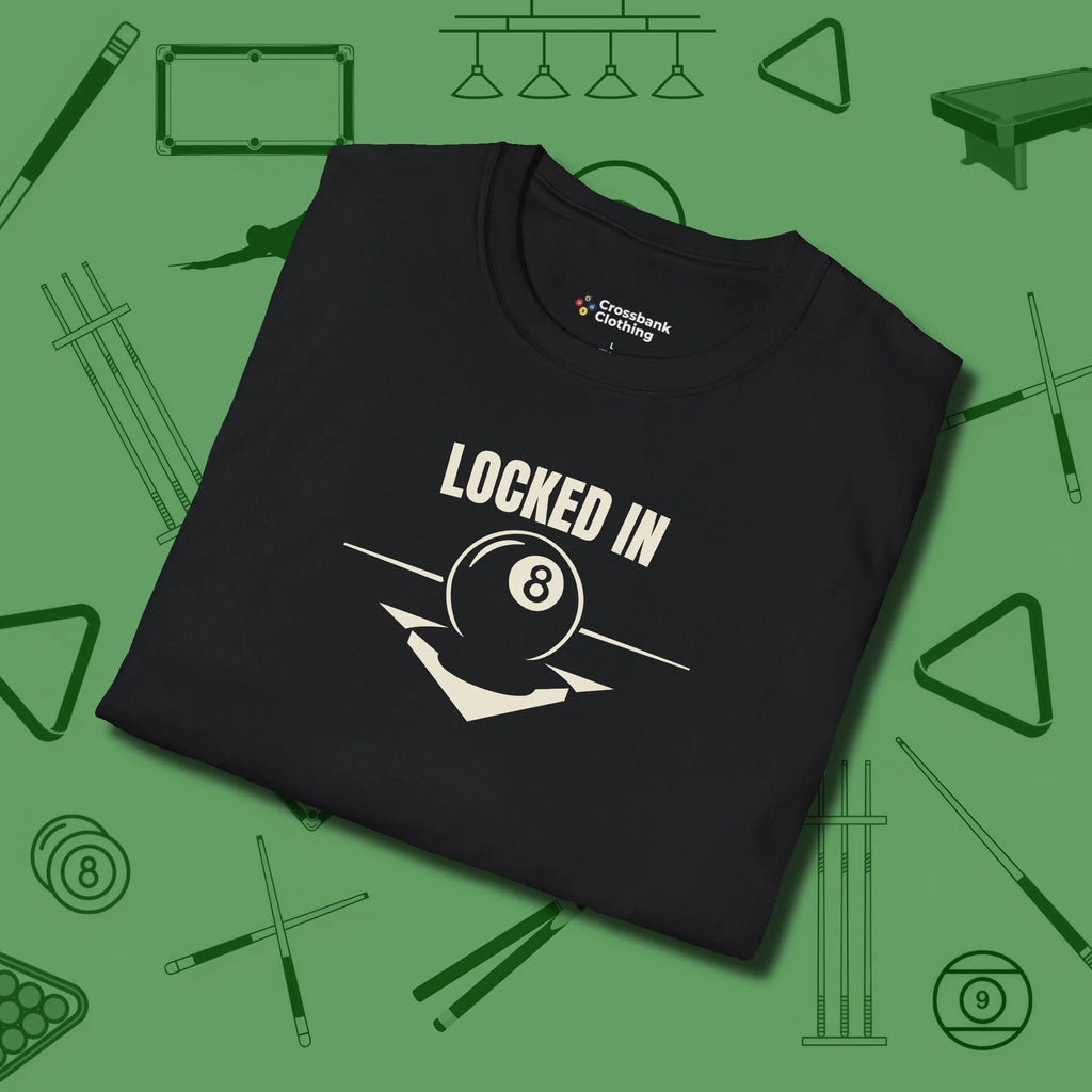 Locked In Eight Ball T-Shirt, folded view, in Black not your average 8-ball graphic tee