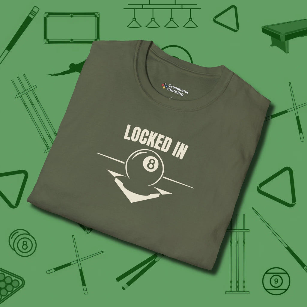 Locked In Eight Ball T-Shirt, folded view, in Military Green the shirt that plays position