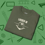 Locked In Eight Ball T-Shirt, folded view, in Military Green the shirt that plays position