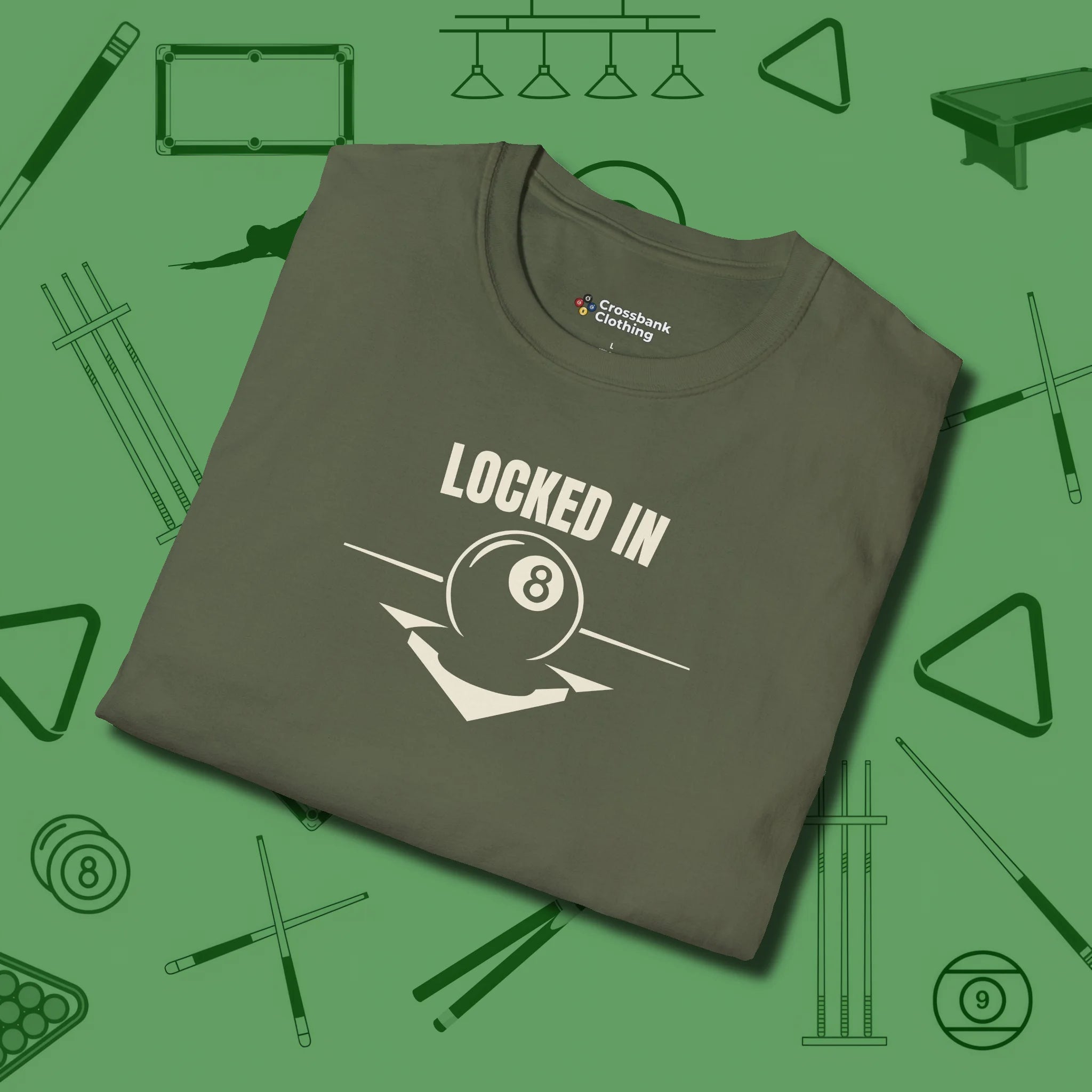 Locked In Eight Ball T-Shirt, folded view, in Military Green the shirt that plays position