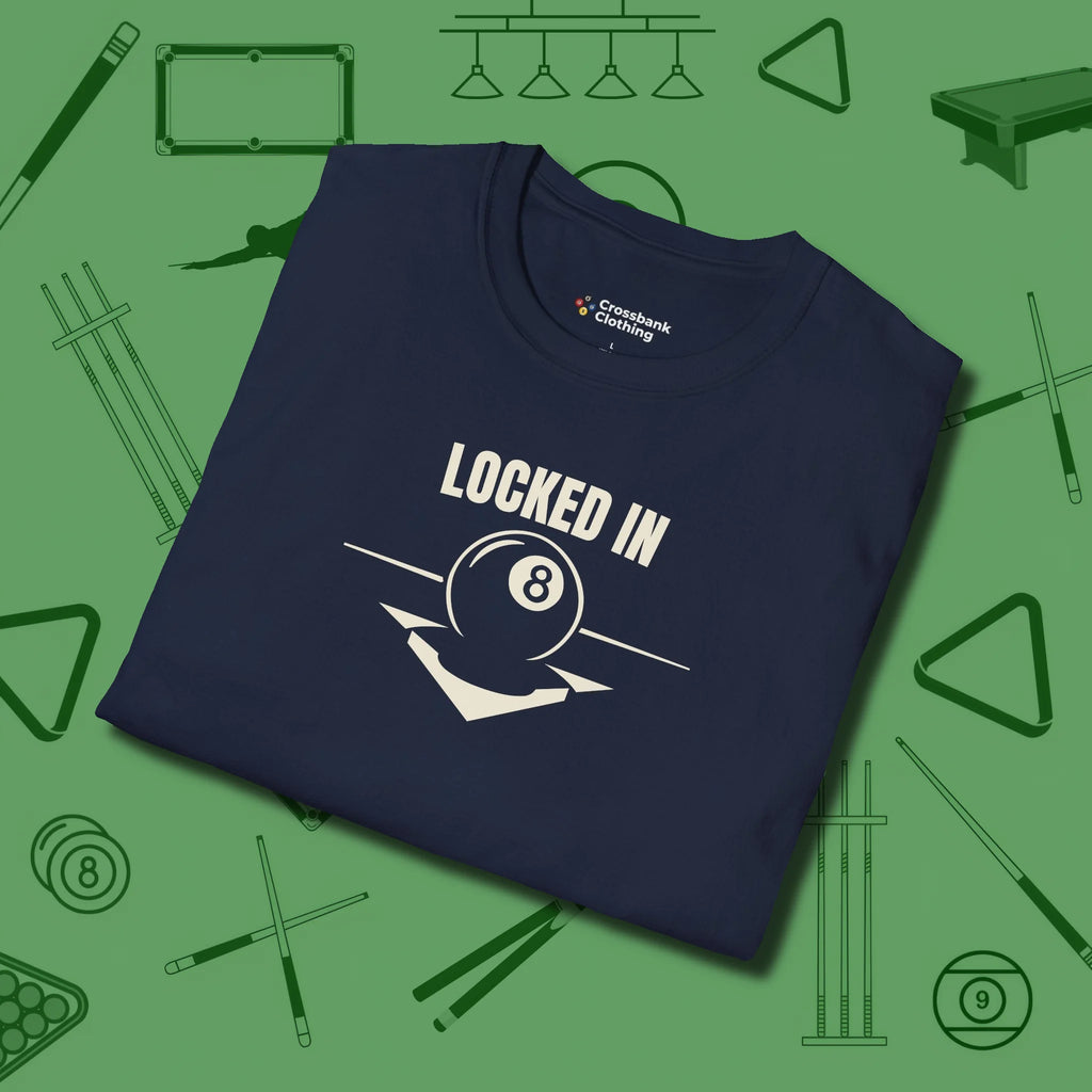 Locked In Eight Ball T-Shirt, folded view, in Navy strike fear with swagger and precision