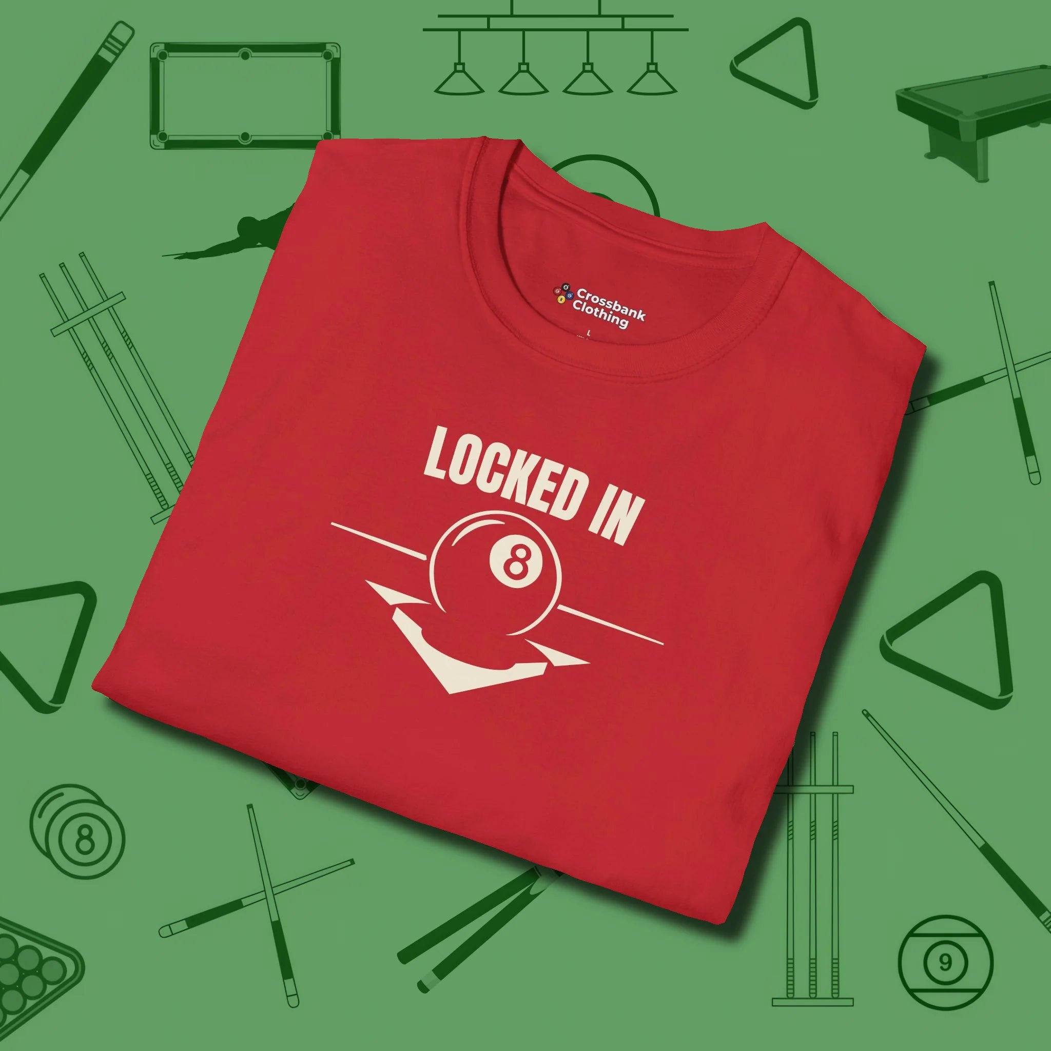 Locked In Eight Ball T-Shirt, folded view, in Red styled to dominate from rack to run-out