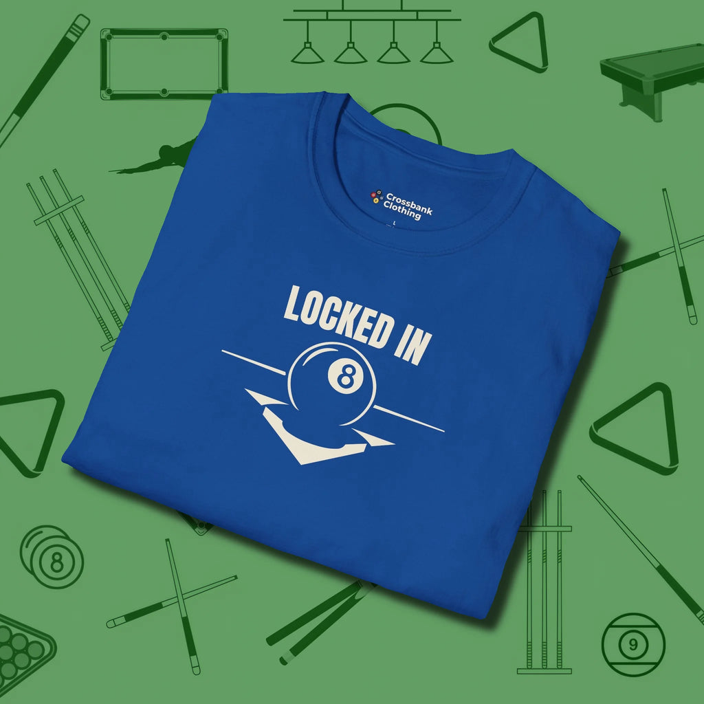 Locked In Eight Ball T-Shirt, folded view, in Royal break, run out, turn heads — repeat