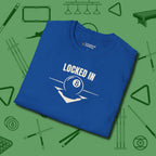 Locked In Eight Ball T-Shirt, folded view, in Royal break, run out, turn heads — repeat