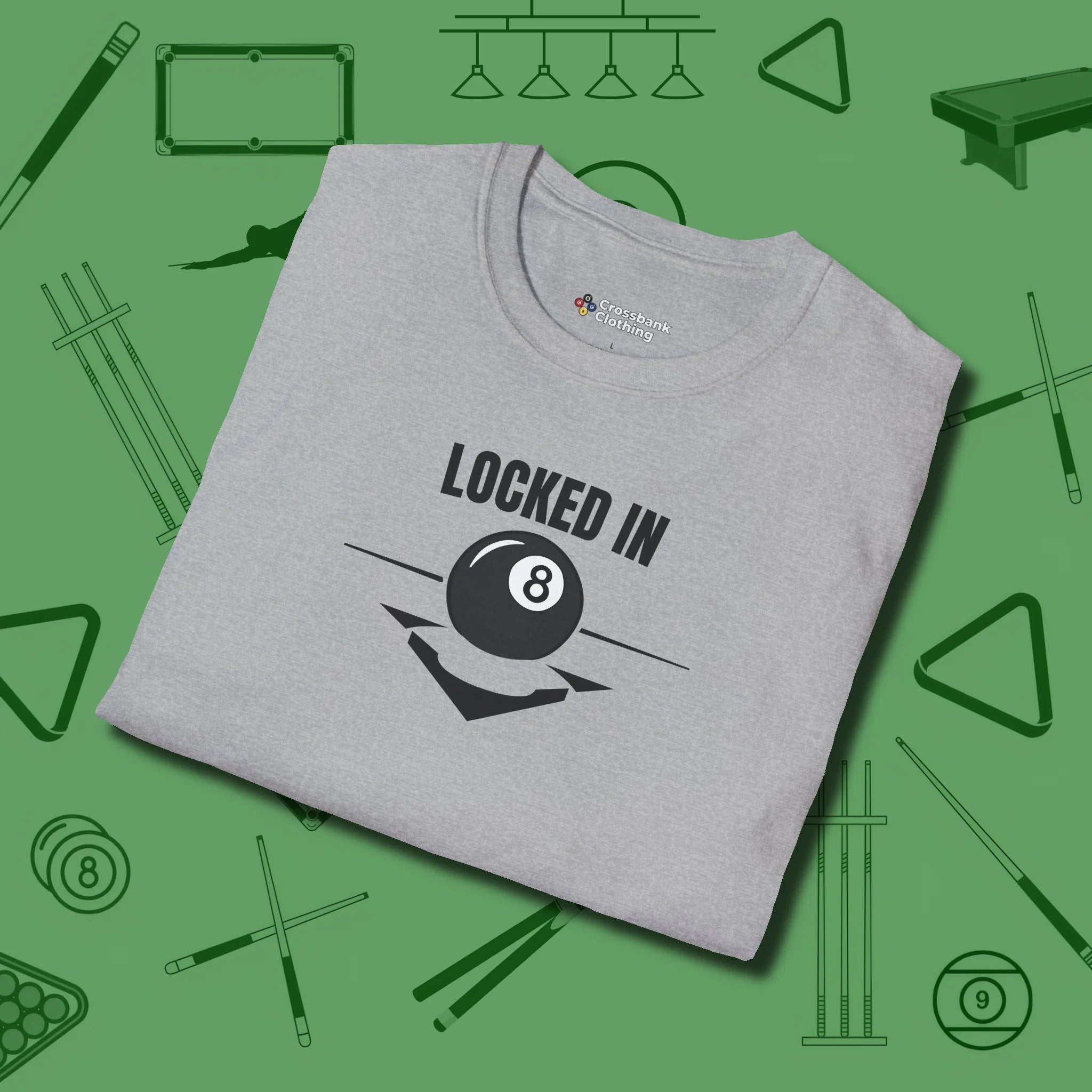 Locked In Eight Ball T-Shirt, folded view, in Sport Grey for shooters who dress like they play: sharp