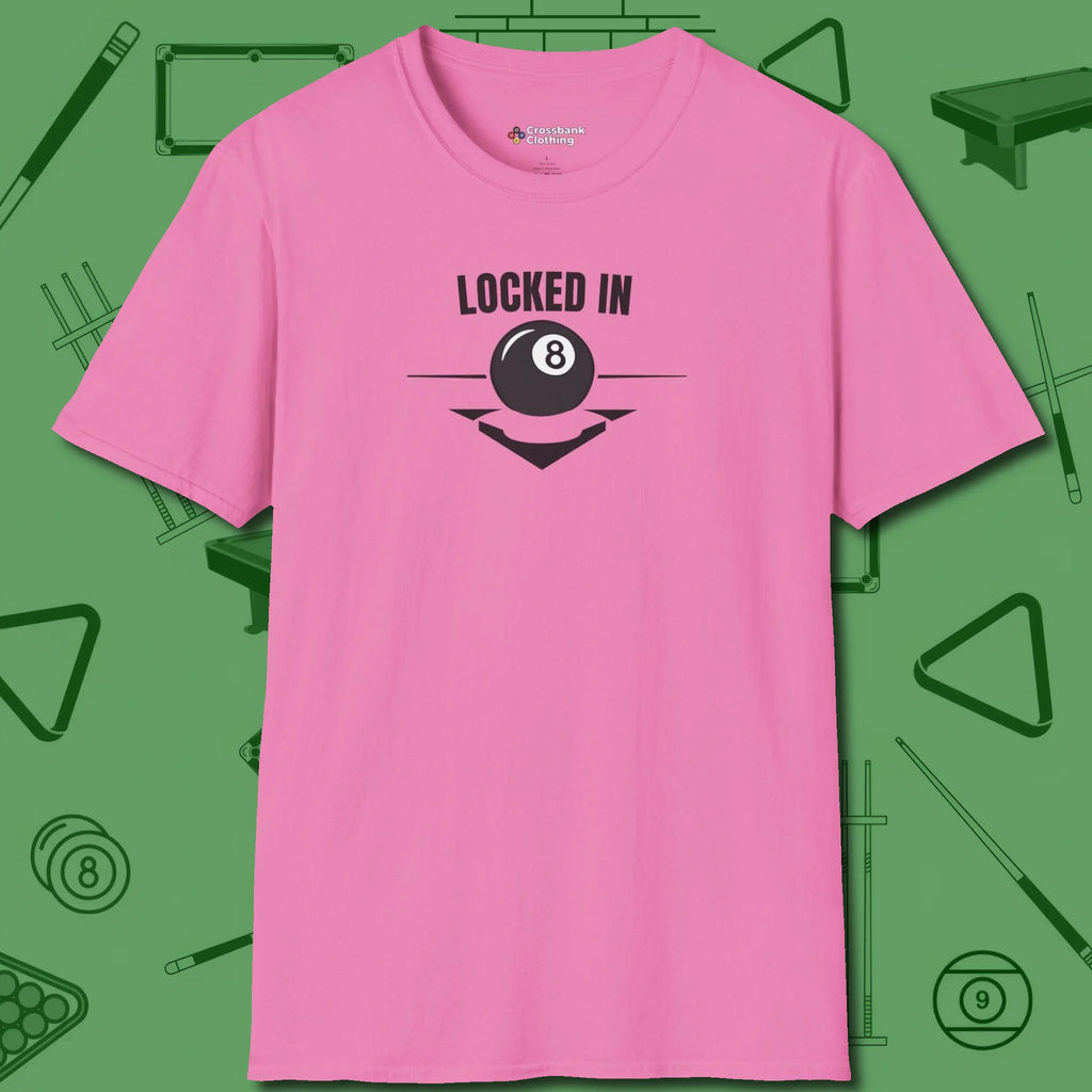 Locked In Eight Ball T-Shirt, front view, in Azalea dress for the shot you want to take