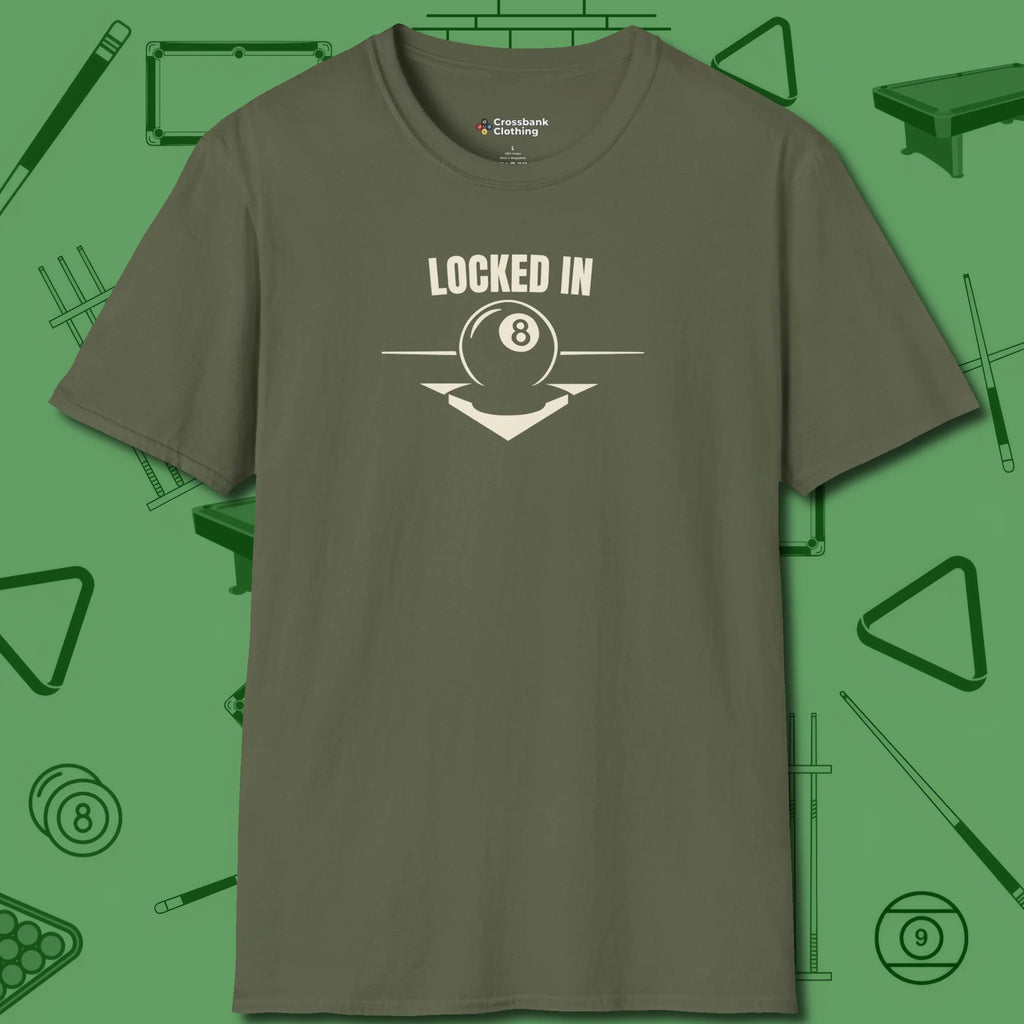 Locked In Eight Ball T-Shirt, front view, in Military Green fashion with break-and-run energy