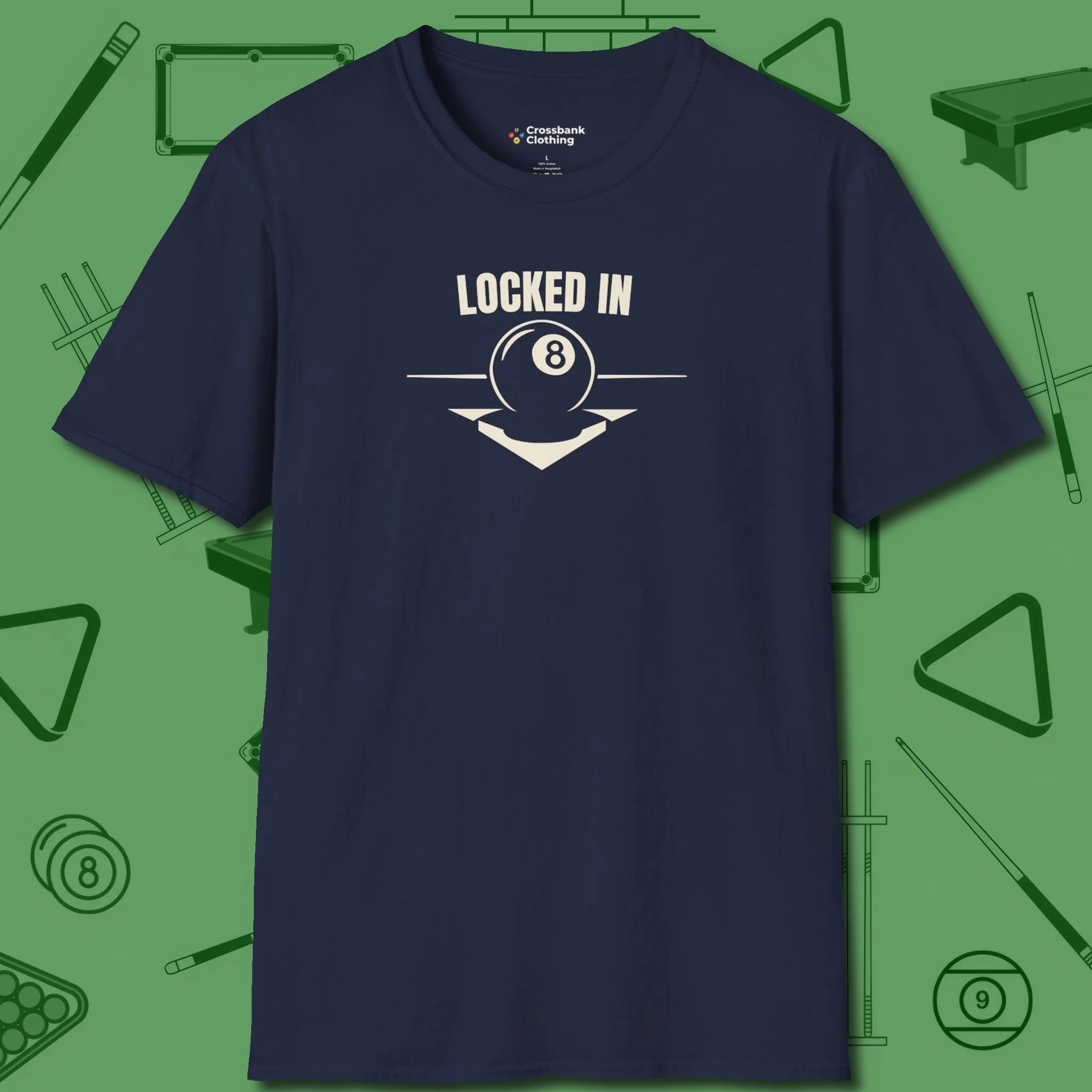 Locked In Eight Ball T-Shirt, front view, in Navy because the table is your battlefield