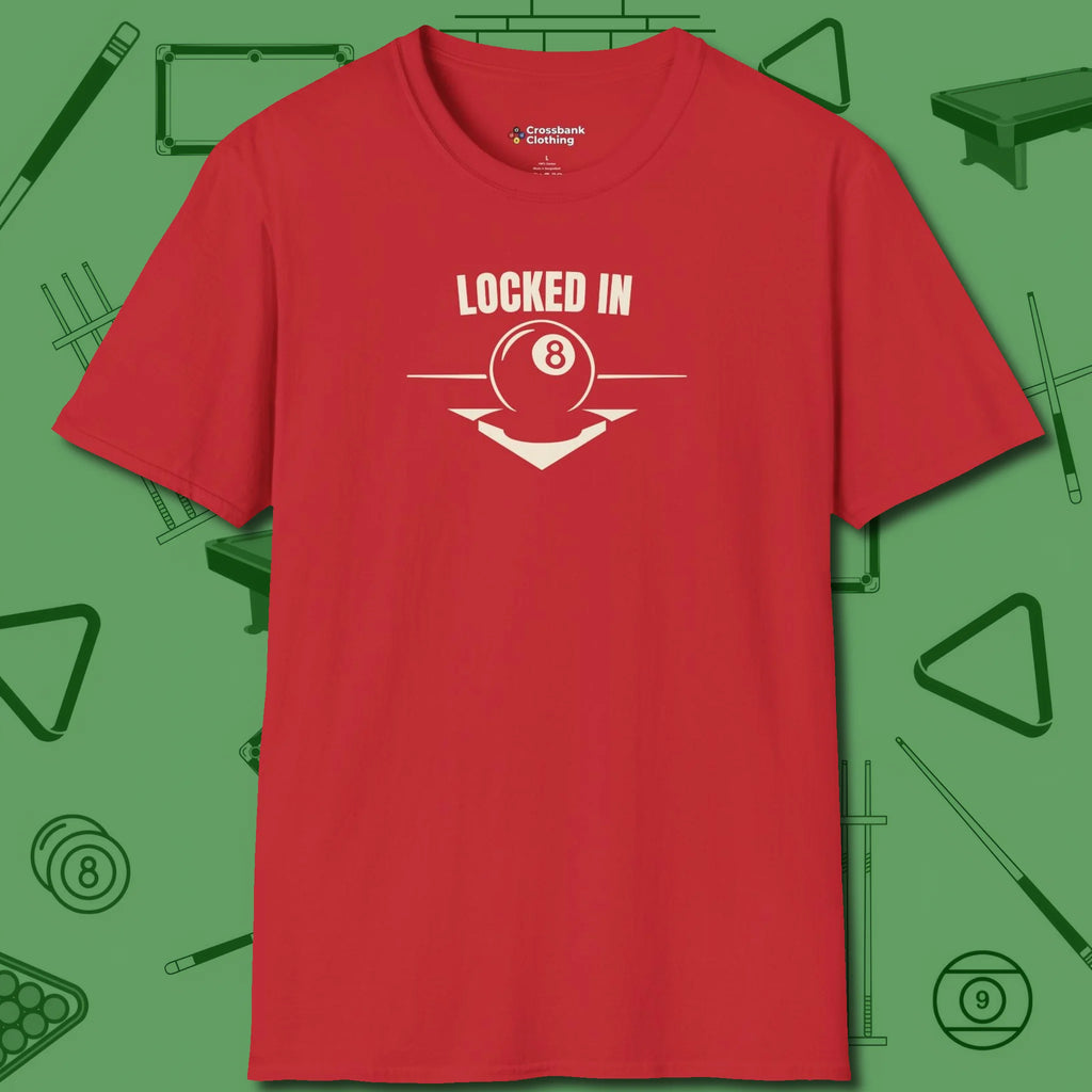 Locked In Eight Ball T-Shirt, front view, in Red strike fear with swagger and precision