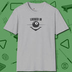 Locked In Eight Ball T-Shirt, front view, in Sport Grey what the real shooters wear