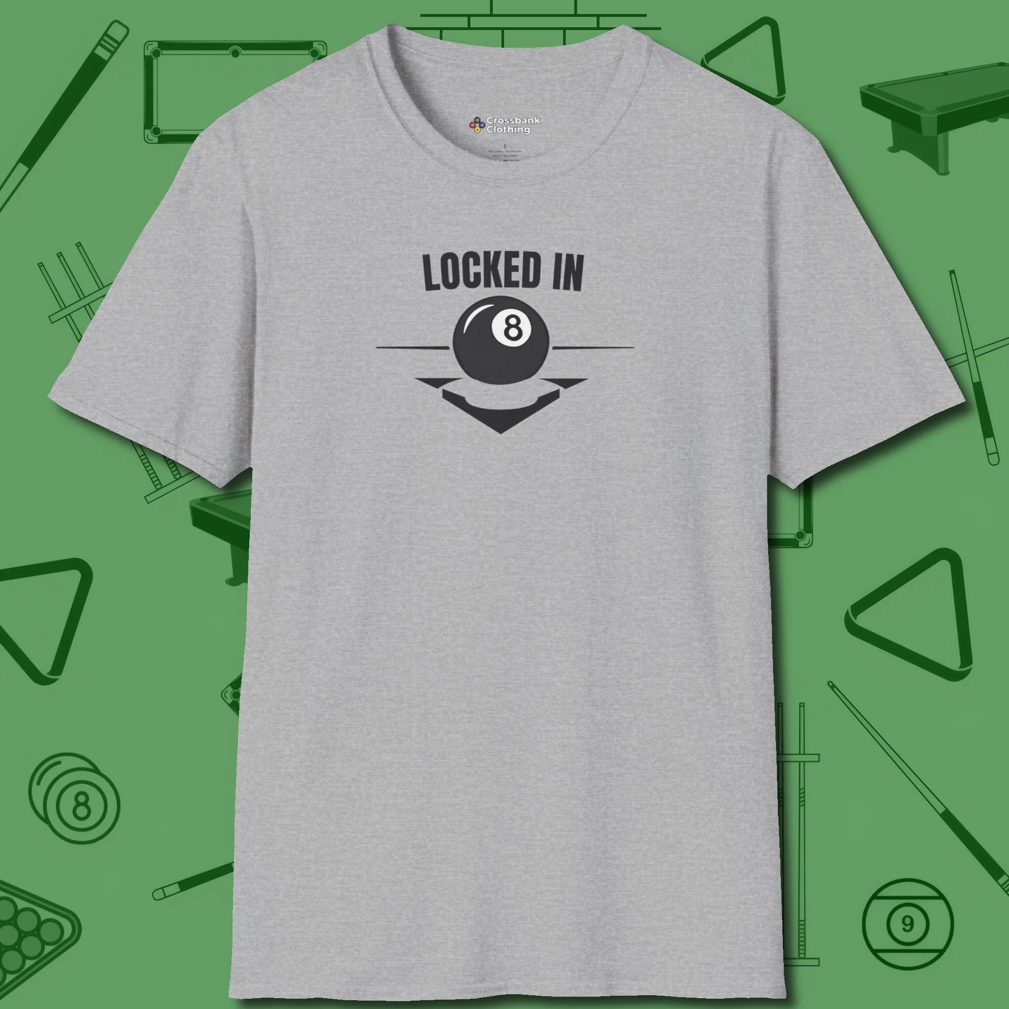 Locked In Eight Ball T-Shirt, front view, in Sport Grey what the real shooters wear
