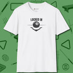 Locked In Eight Ball T-Shirt, front view, in White for shooters who dress like they play: sharp