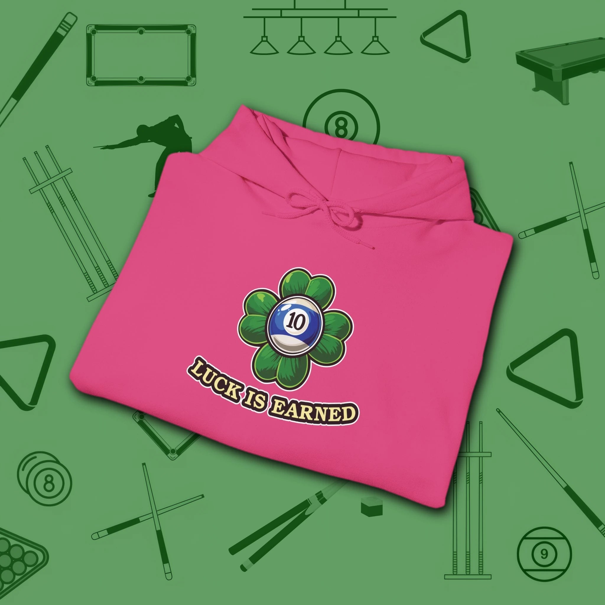Luck Is Earned Hoodie, in Heliconia color, billiards shirt, folded view