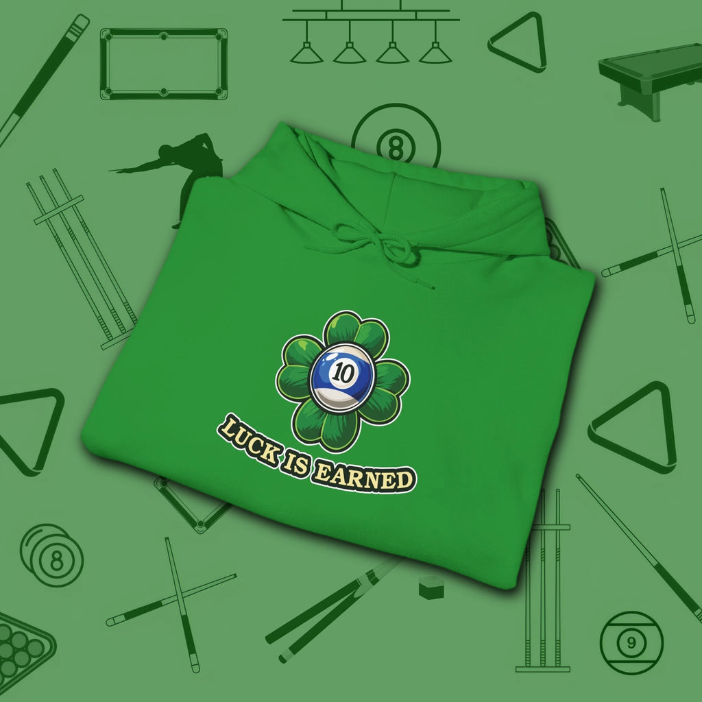 Luck Is Earned Hoodie, in Irish Green color, billiards shirt, folded view