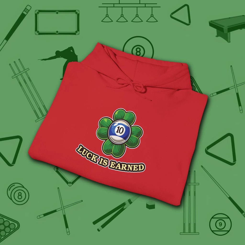 Luck Is Earned Hoodie, in Red color, billiards shirt, folded view
