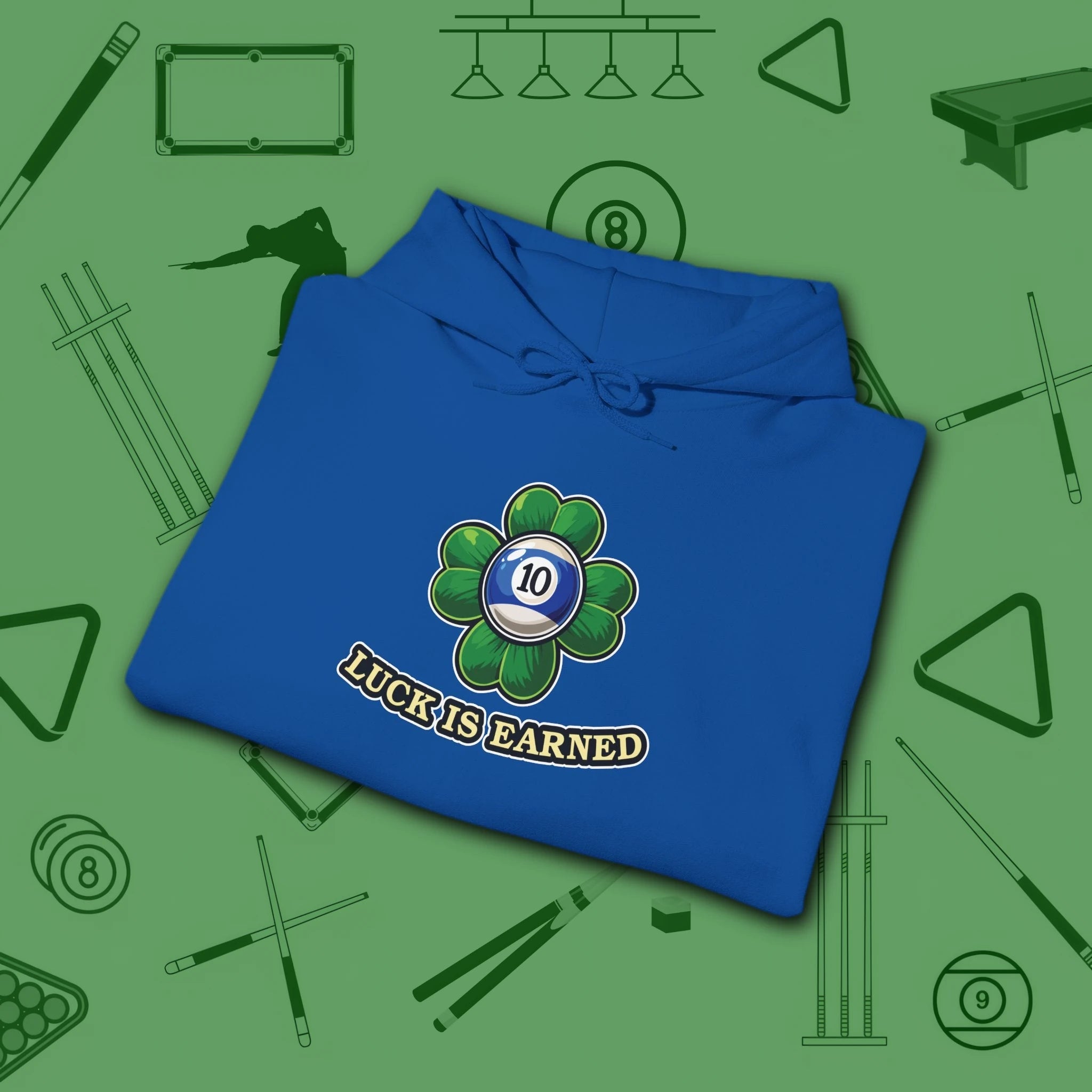 Luck Is Earned Hoodie, in Royal color, billiards shirt, folded view