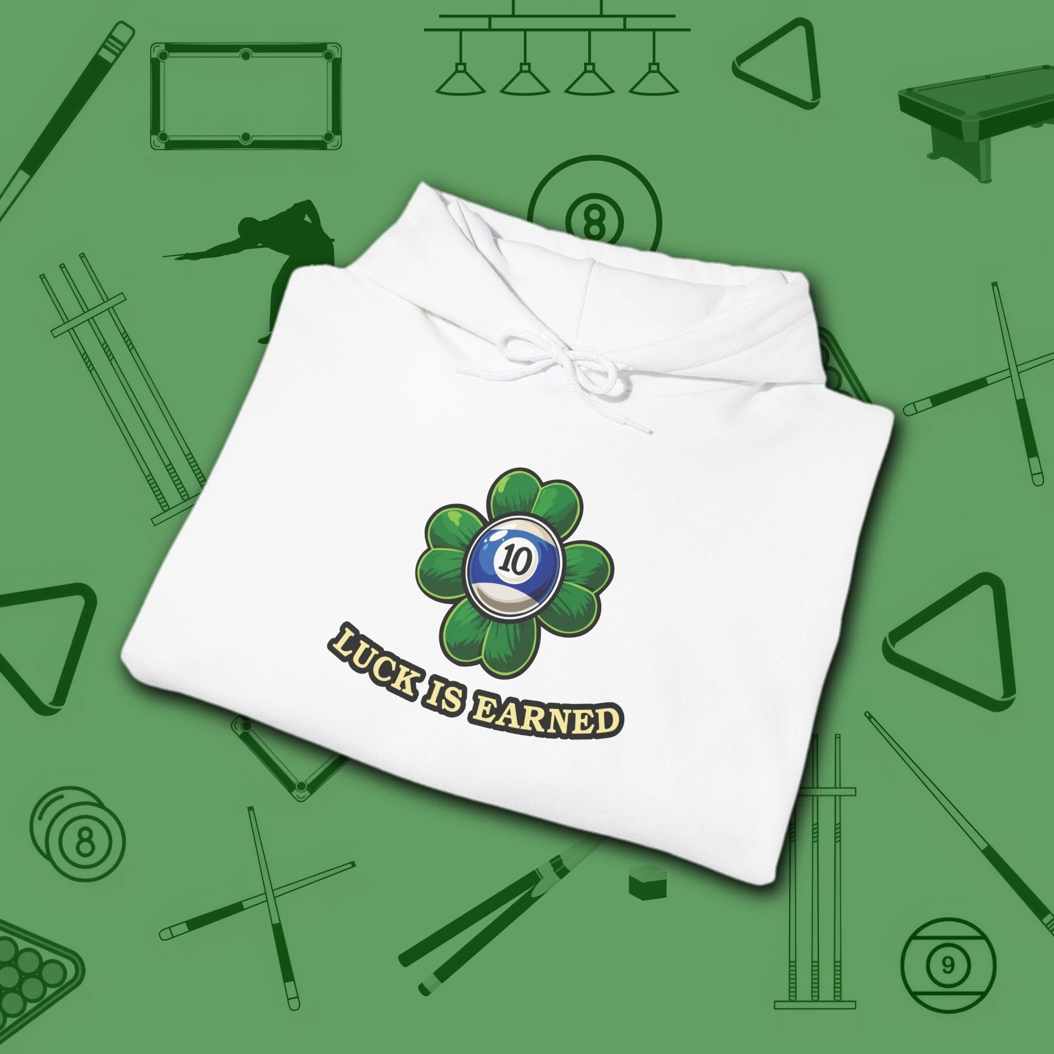 Luck Is Earned Hoodie, in White color, billiards shirt, folded view