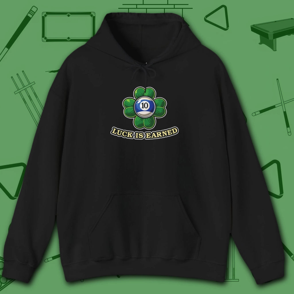 Luck Is Earned Hoodie, in Black color, billiards shirt, front view
