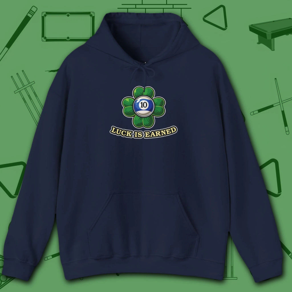 Luck Is Earned Hoodie, in Navy color, billiards shirt, front view