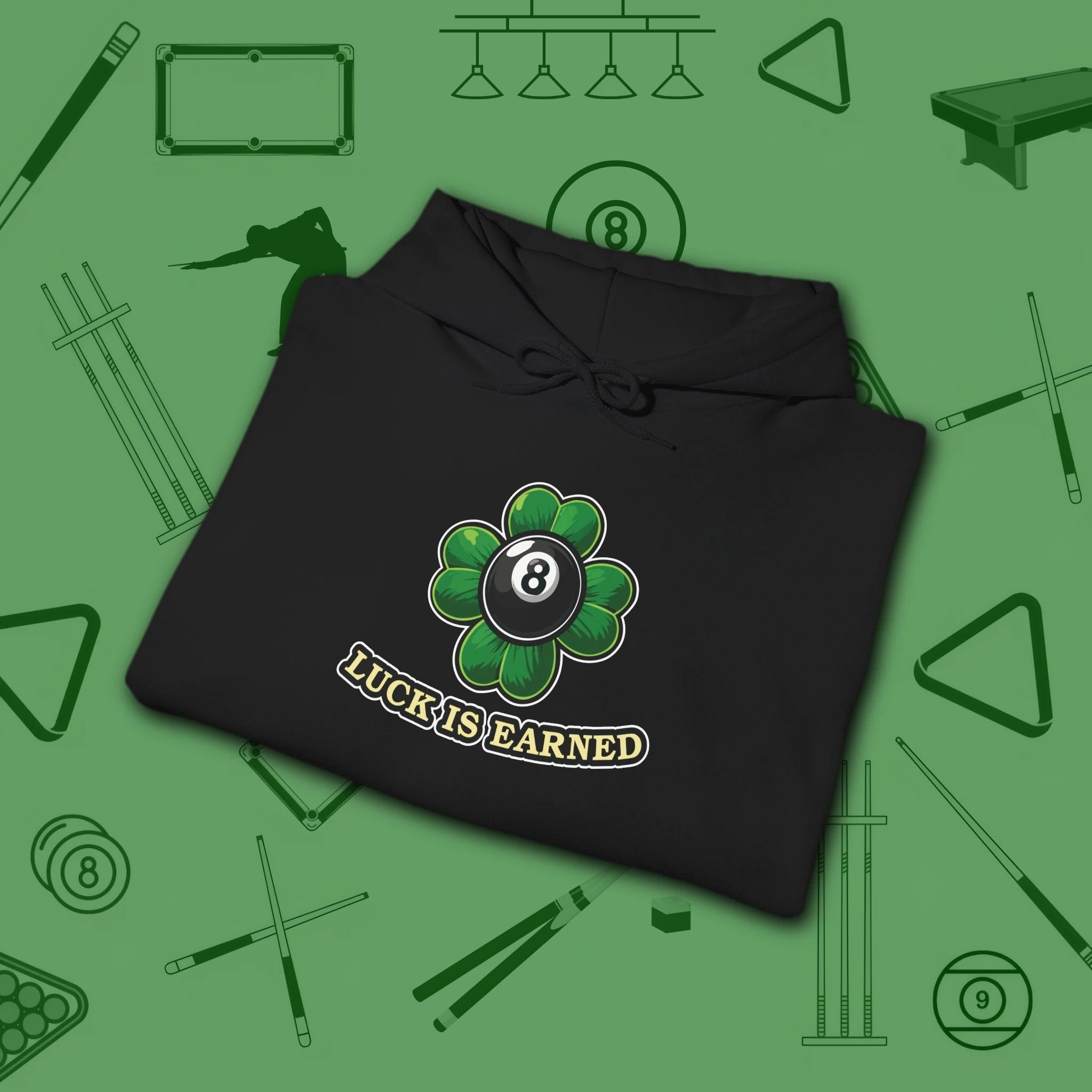 Luck Is Earned Hoodie, in Black color, billiards shirt, folded view