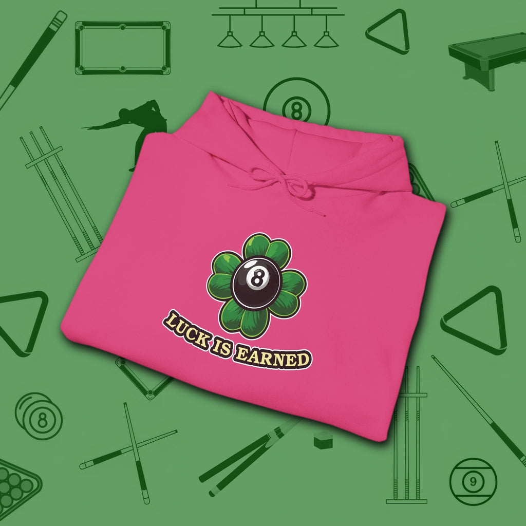 Luck Is Earned Hoodie, in Heliconia color, billiards shirt, folded view