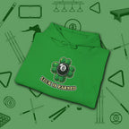Luck Is Earned Hoodie, in Irish Green color, billiards shirt, folded view