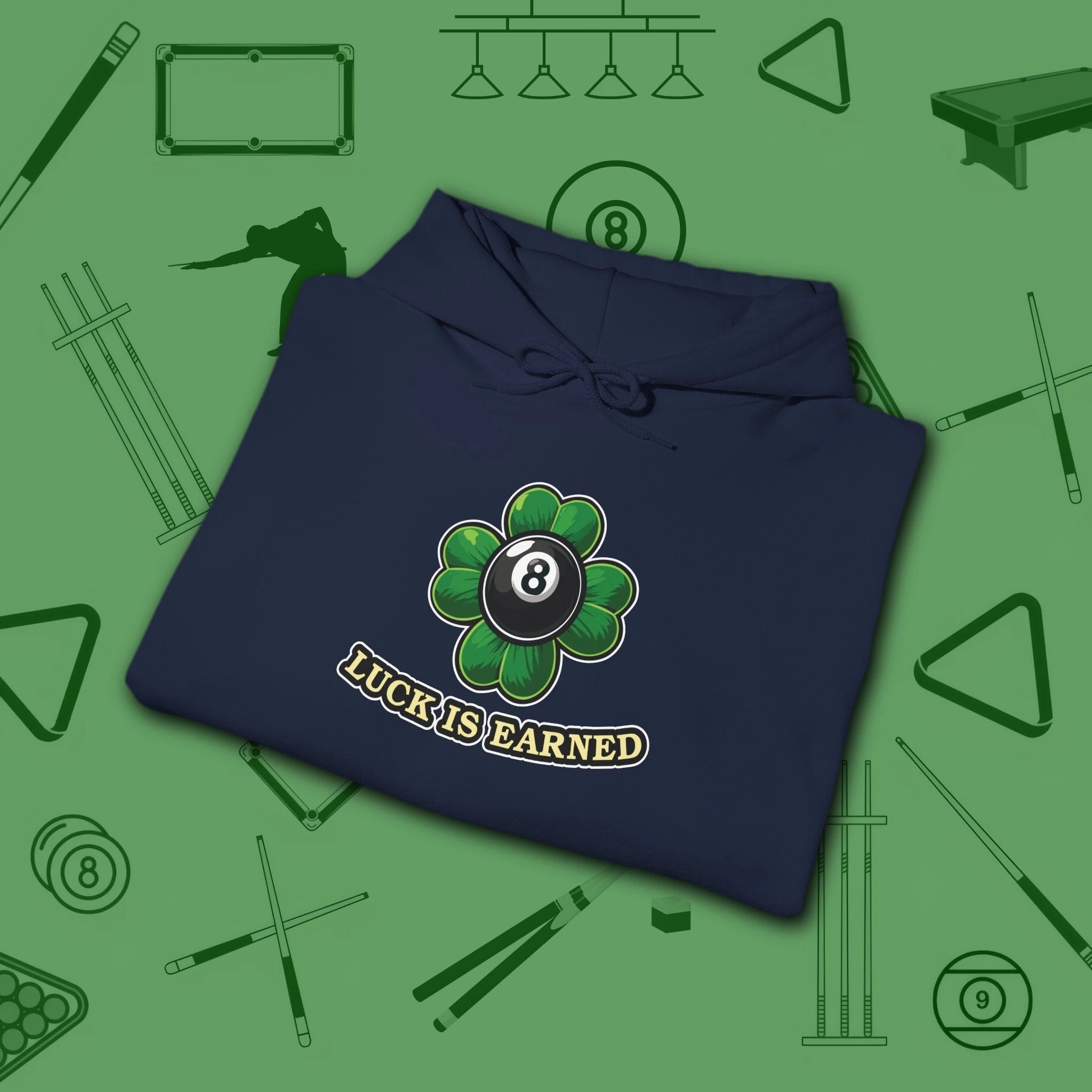Luck Is Earned Hoodie, in Navy color, billiards shirt, folded view