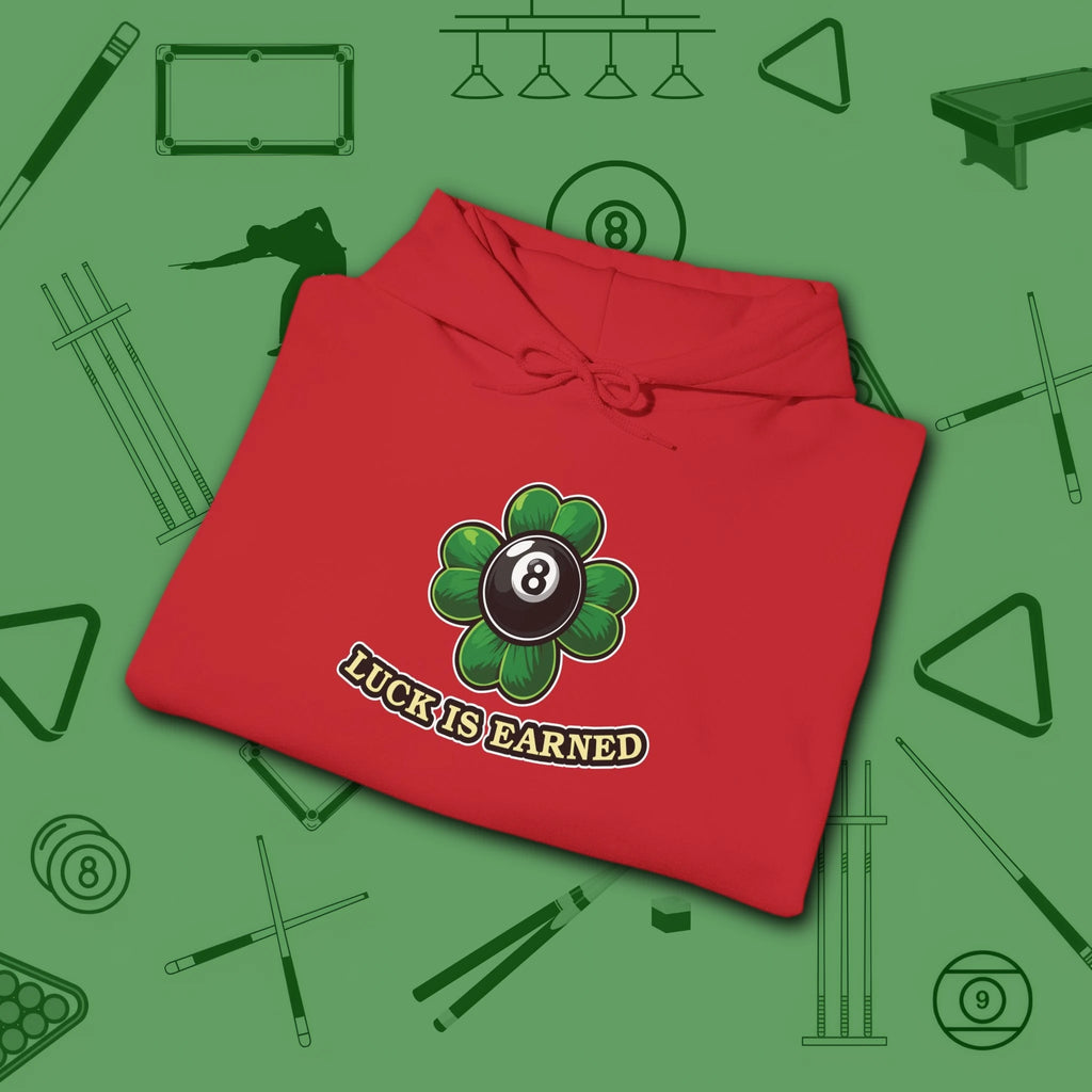 Luck Is Earned Hoodie, in Red color, billiards shirt, folded view