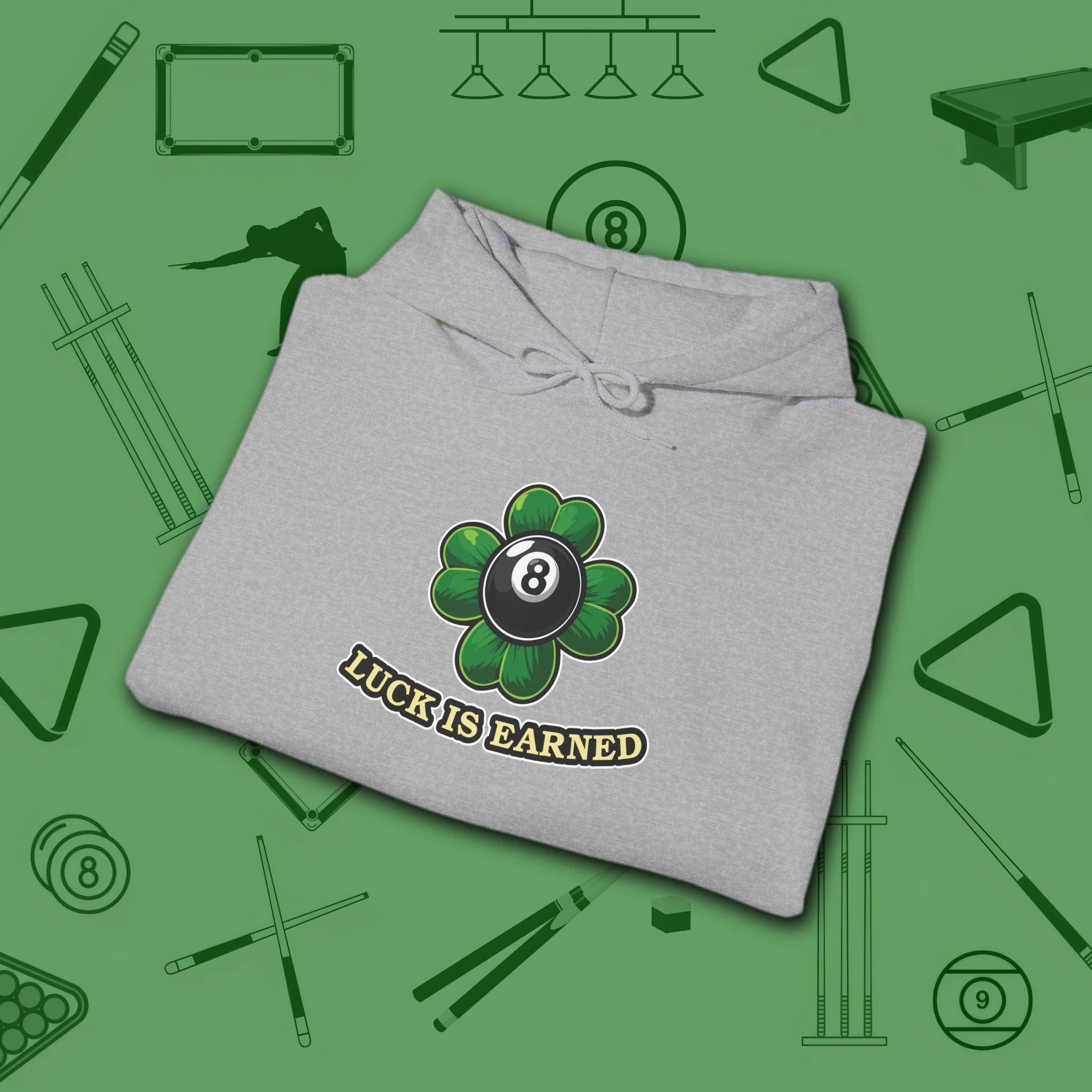 Luck Is Earned Hoodie, in Sport Grey color, billiards shirt, folded view