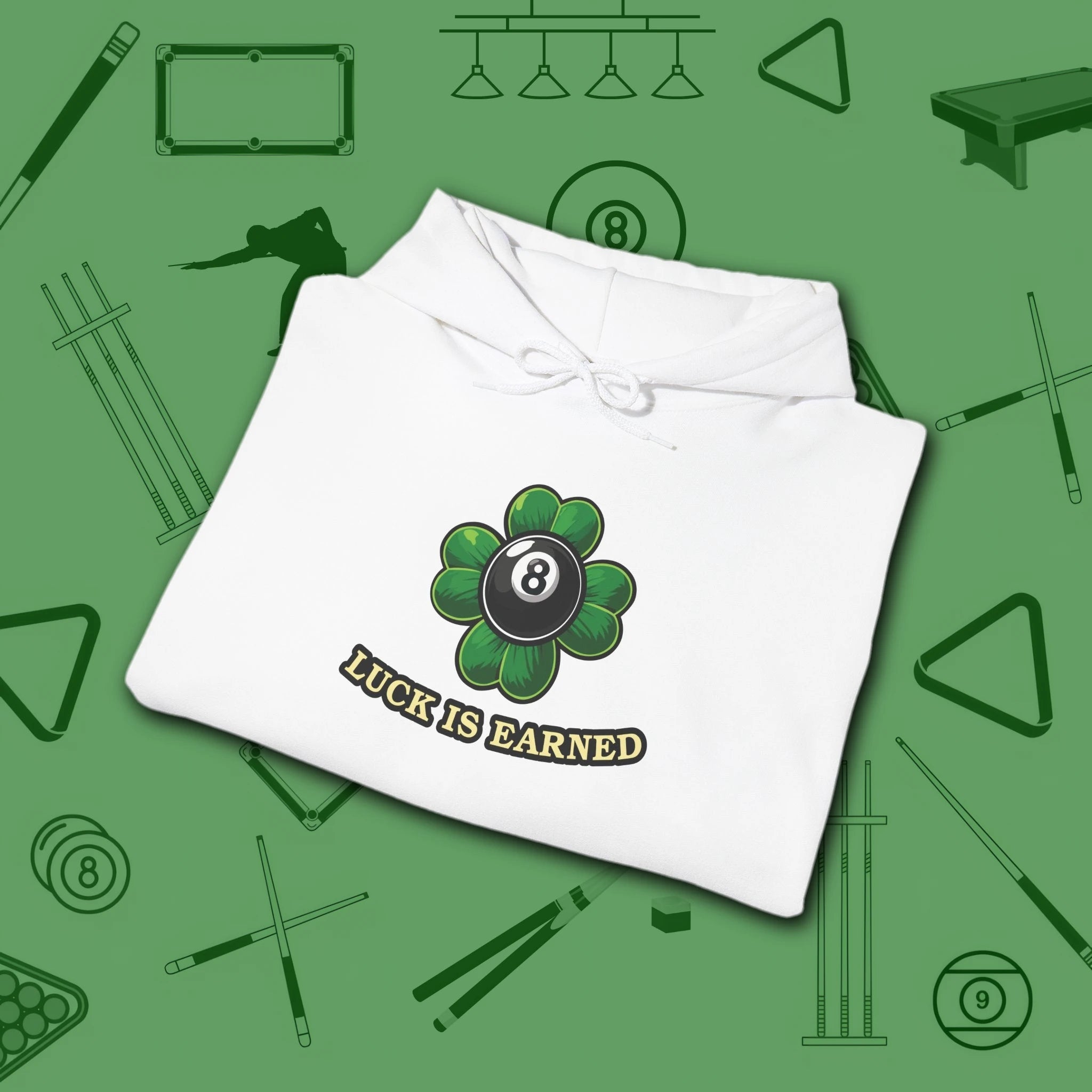 Luck Is Earned Hoodie, in White color, billiards shirt, folded view