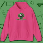 Luck Is Earned Hoodie, in Heliconia color, billiards shirt, front view
