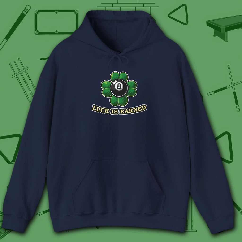 Luck Is Earned Hoodie, in Navy color, billiards shirt, front view