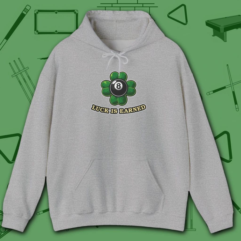 Luck Is Earned Hoodie, in Sport Grey color, billiards shirt, front view