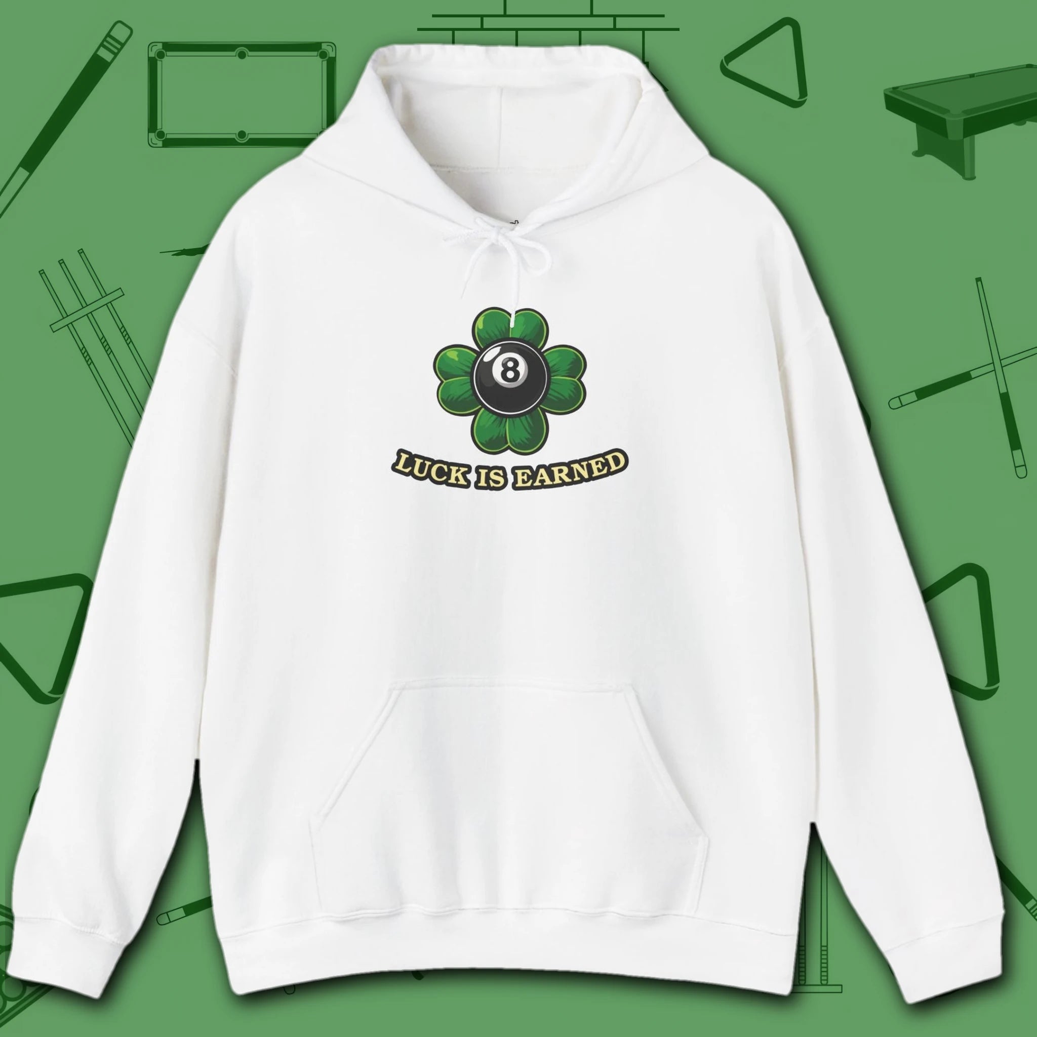 Luck Is Earned Hoodie, in White color, billiards shirt, front view