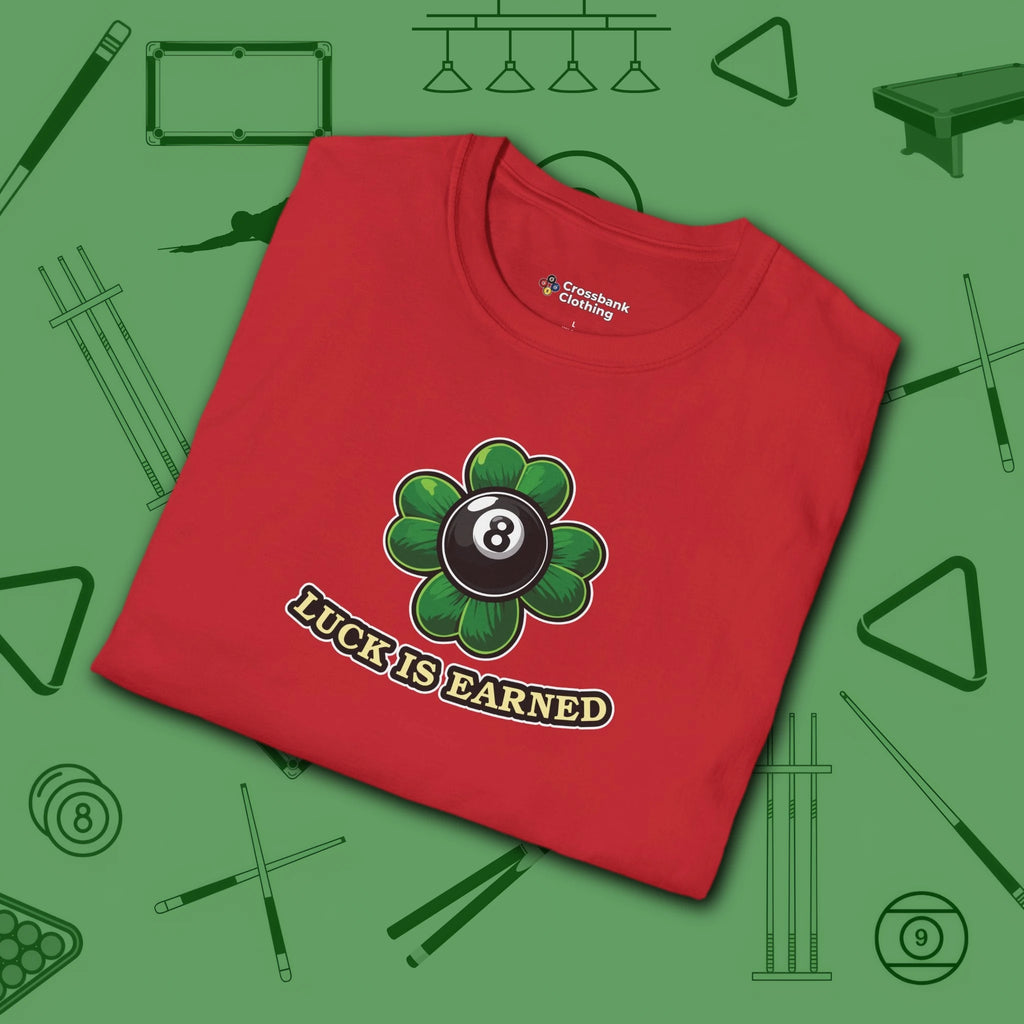 Luck Is Earned T-Shirt, in Red color, billiards shirt, folded view
