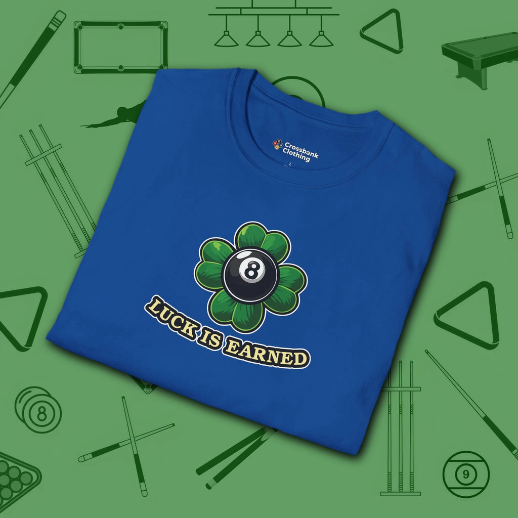 Luck Is Earned T-Shirt, in Royal color, billiards shirt, folded view