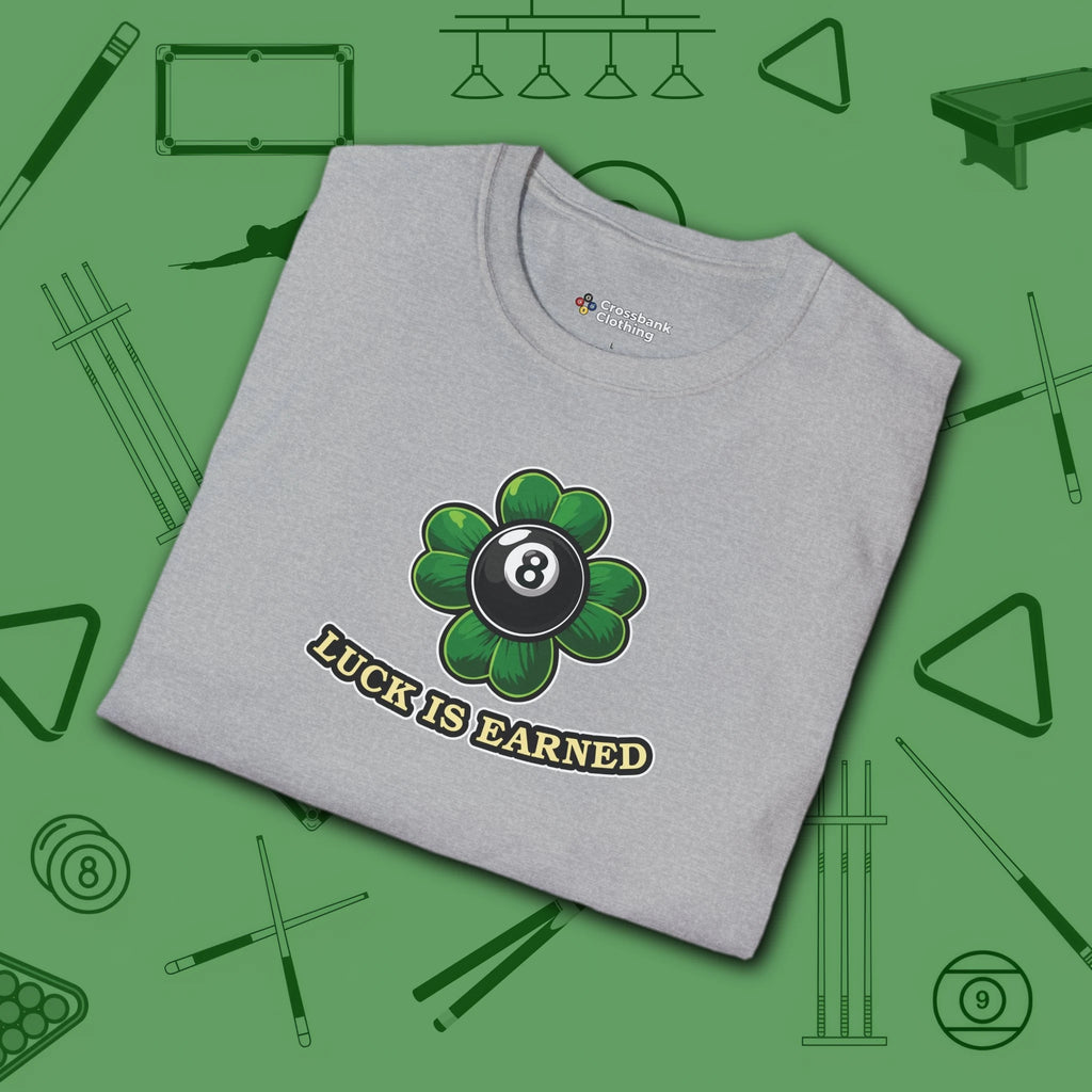 Luck Is Earned T-Shirt, in Sport Grey color, billiards shirt, folded view
