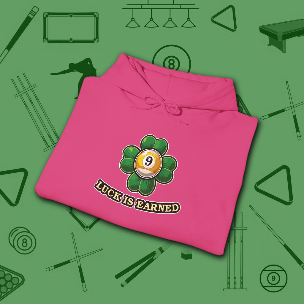 Luck Is Earned Hoodie, in Heliconia color, billiards shirt, folded view