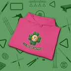 Luck Is Earned Hoodie, in Heliconia color, billiards shirt, folded view