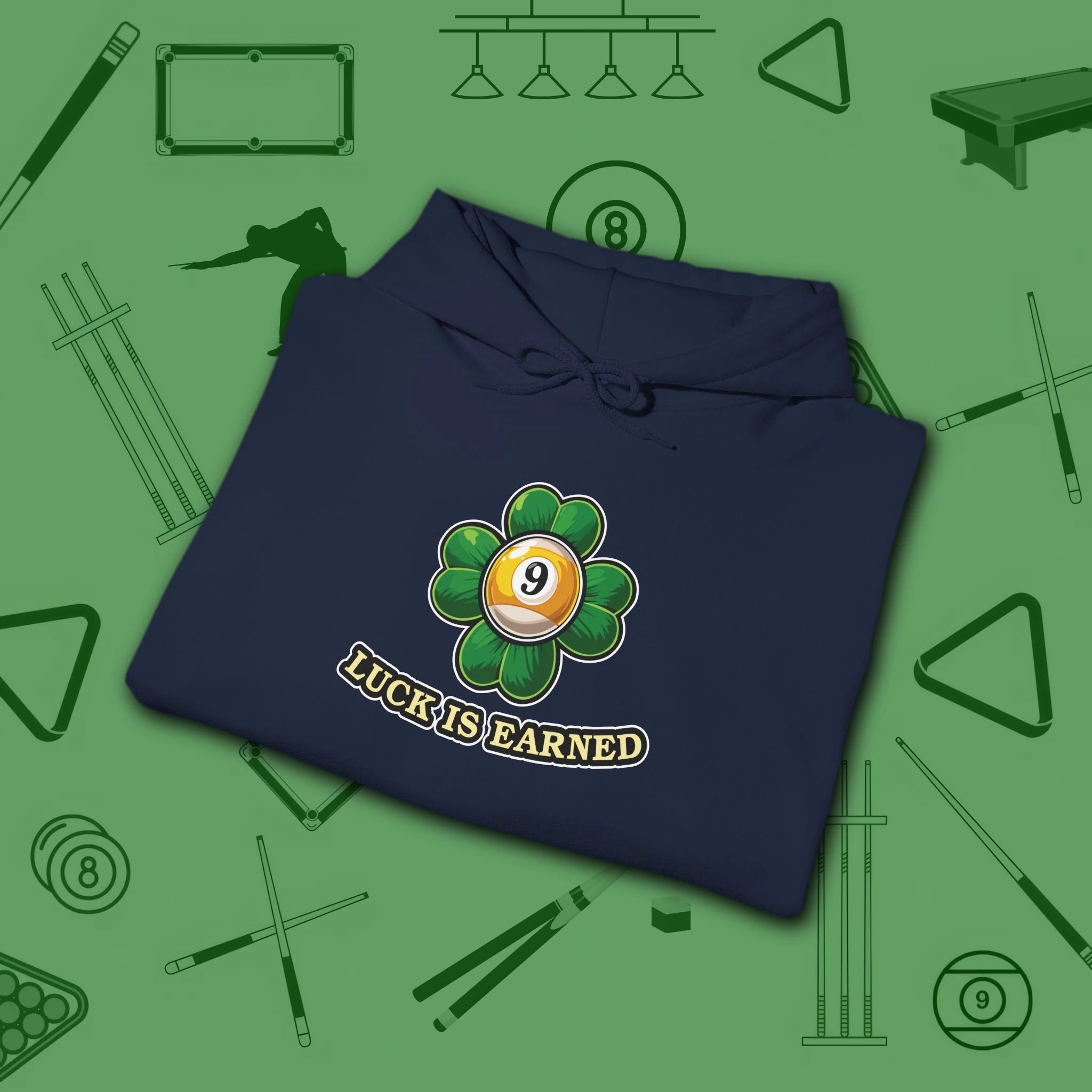 Luck Is Earned Hoodie, in Navy color, billiards shirt, folded view