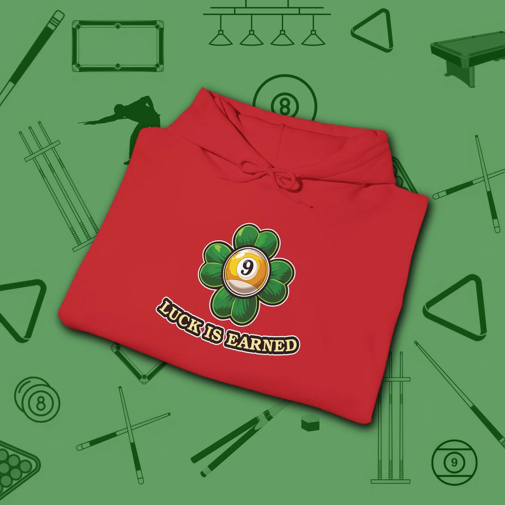 Luck Is Earned Hoodie, in Red color, billiards shirt, folded view