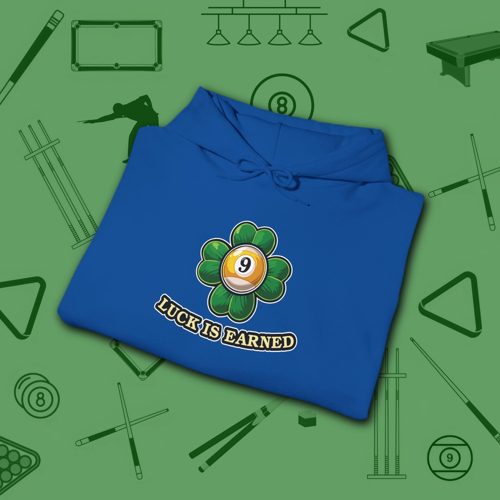 Luck Is Earned Hoodie, in Royal color, billiards shirt, folded view