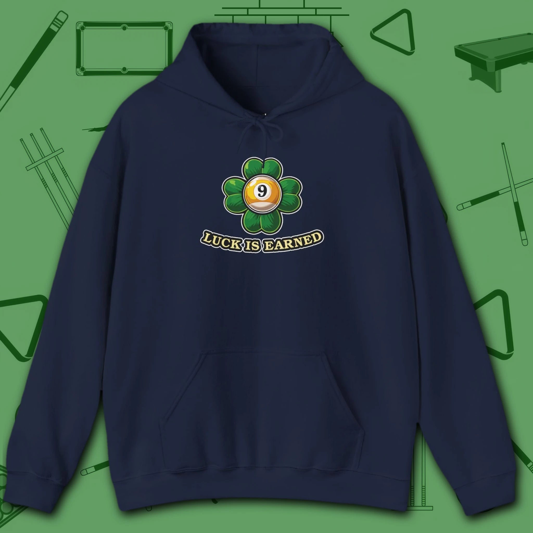 Luck Is Earned Hoodie, in Navy color, billiards shirt, front view