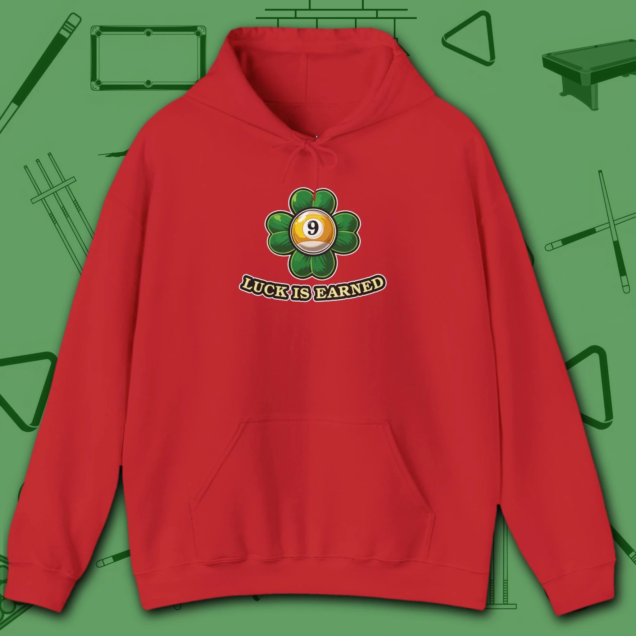Luck Is Earned Hoodie, in Red color, billiards shirt, front view