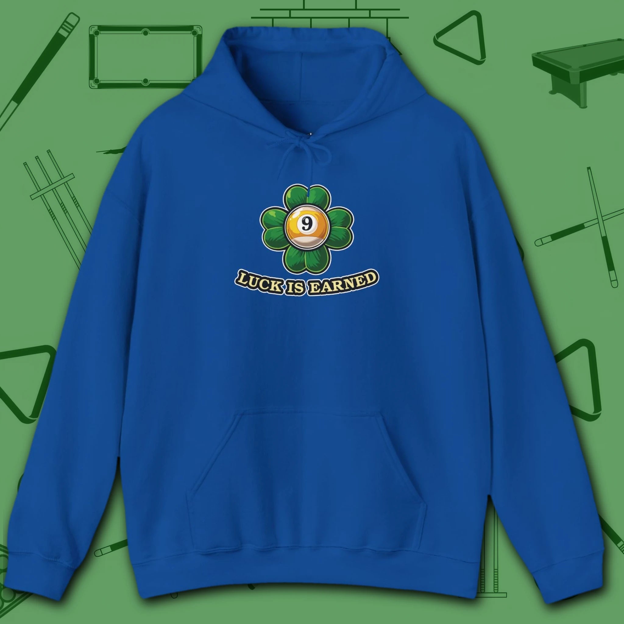 Luck Is Earned Hoodie, in Royal color, billiards shirt, front view