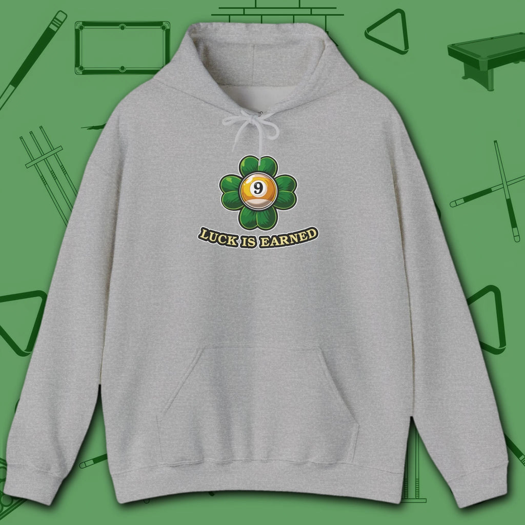 Luck Is Earned Hoodie, in Sport Grey color, billiards shirt, front view