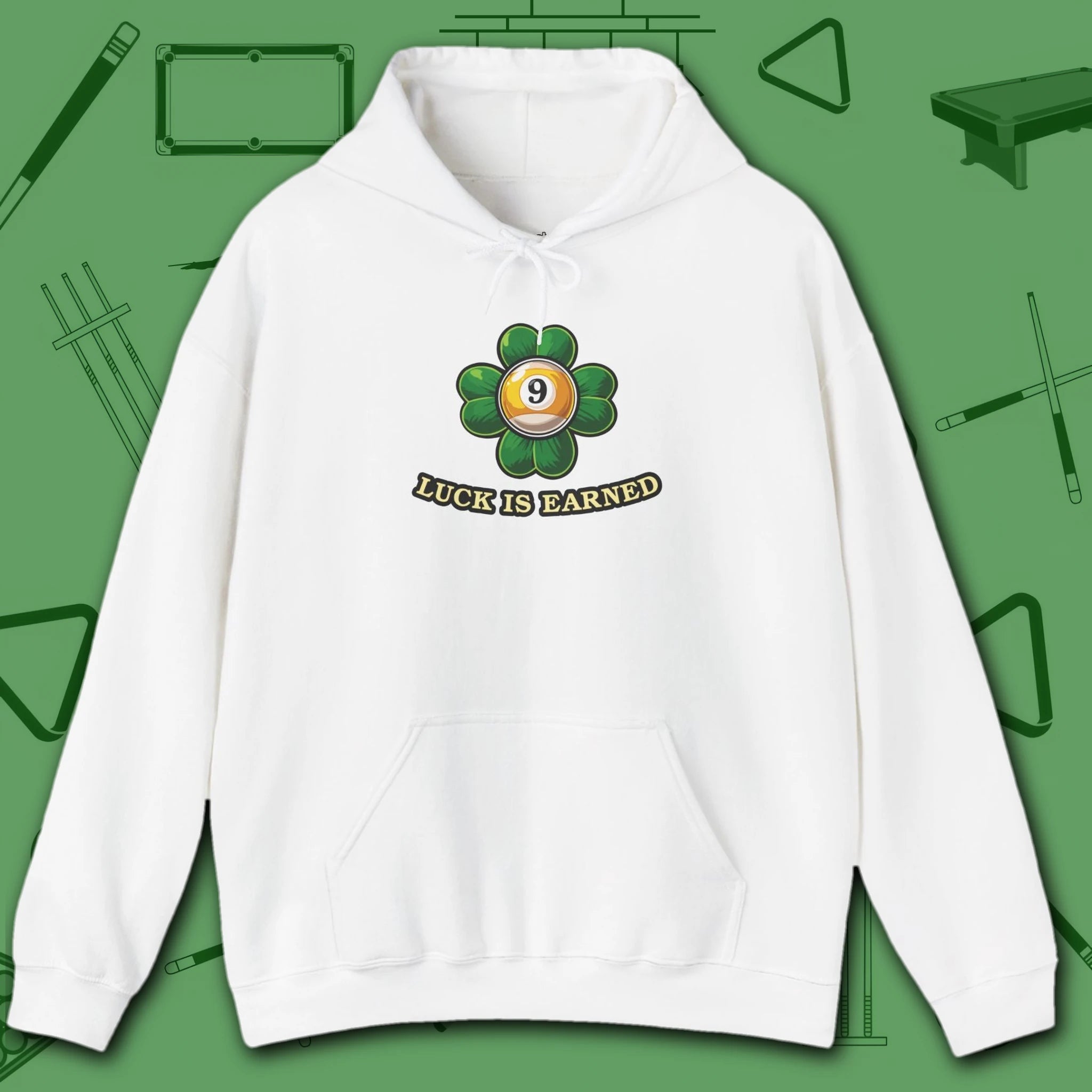 Luck Is Earned Hoodie, in White color, billiards shirt, front view