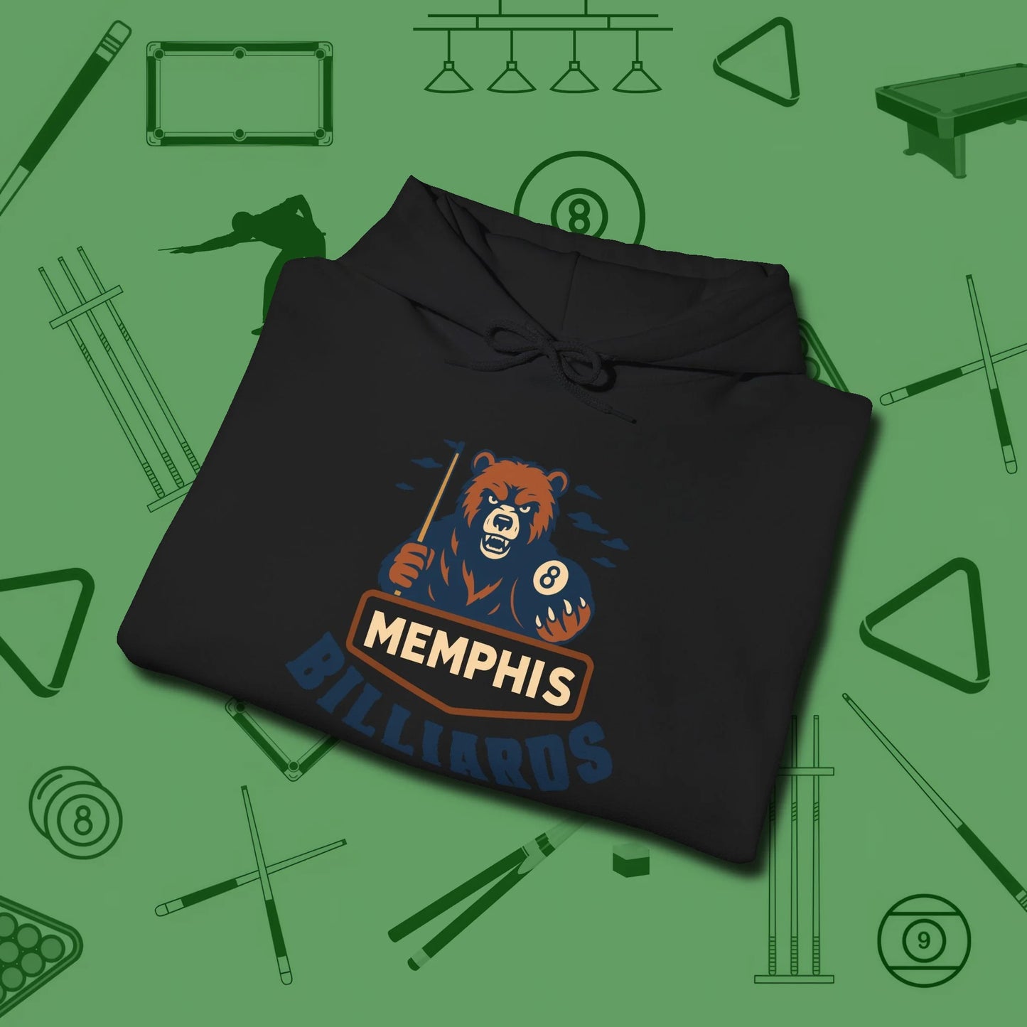 Memphis Billiards Bear Hoodie, folded view, in Black break, run out, turn heads — repeat