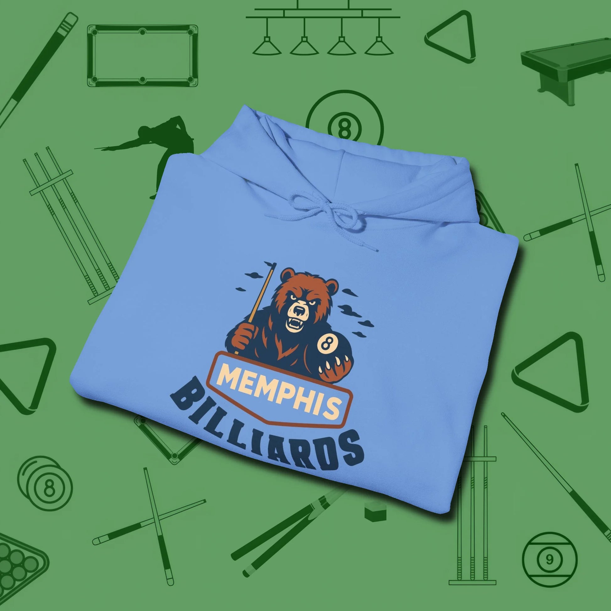 Memphis Billiards Bear Hoodie, folded view, in Carolina Blue precise, confident, always in control