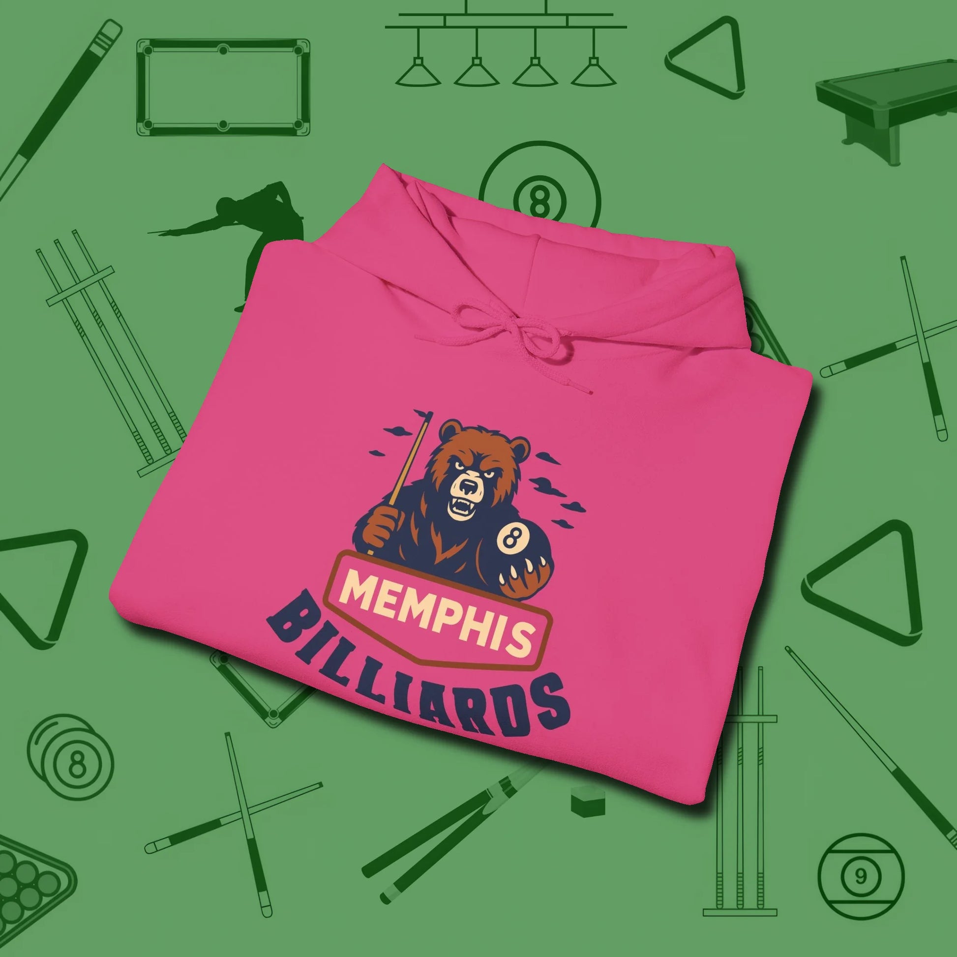 Memphis Billiards Bear Hoodie, folded view, in Heliconia smart apparel for strategic players